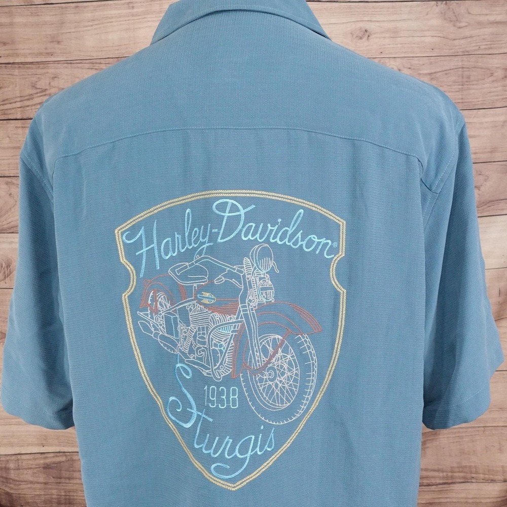 Harley-Davidson Shirt Mens L Blue Short Sleeve Button-Up Rayon Relaxed Sturgis‎
